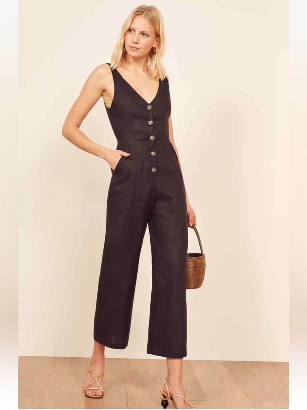 Reformation Black Sleeveless Button-Front Linen Vera Jumpsuit Sz 0